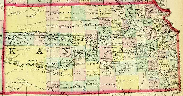 1872 Map of Kansas. Note that Wallace County (extreme left) occupies the 